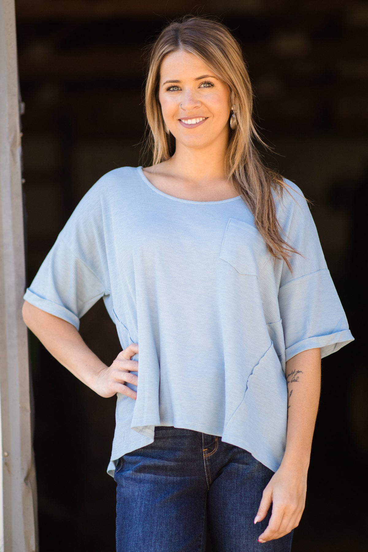 Pastel Blue Drop Shoulder Thermal Knit Top - Filly Flair