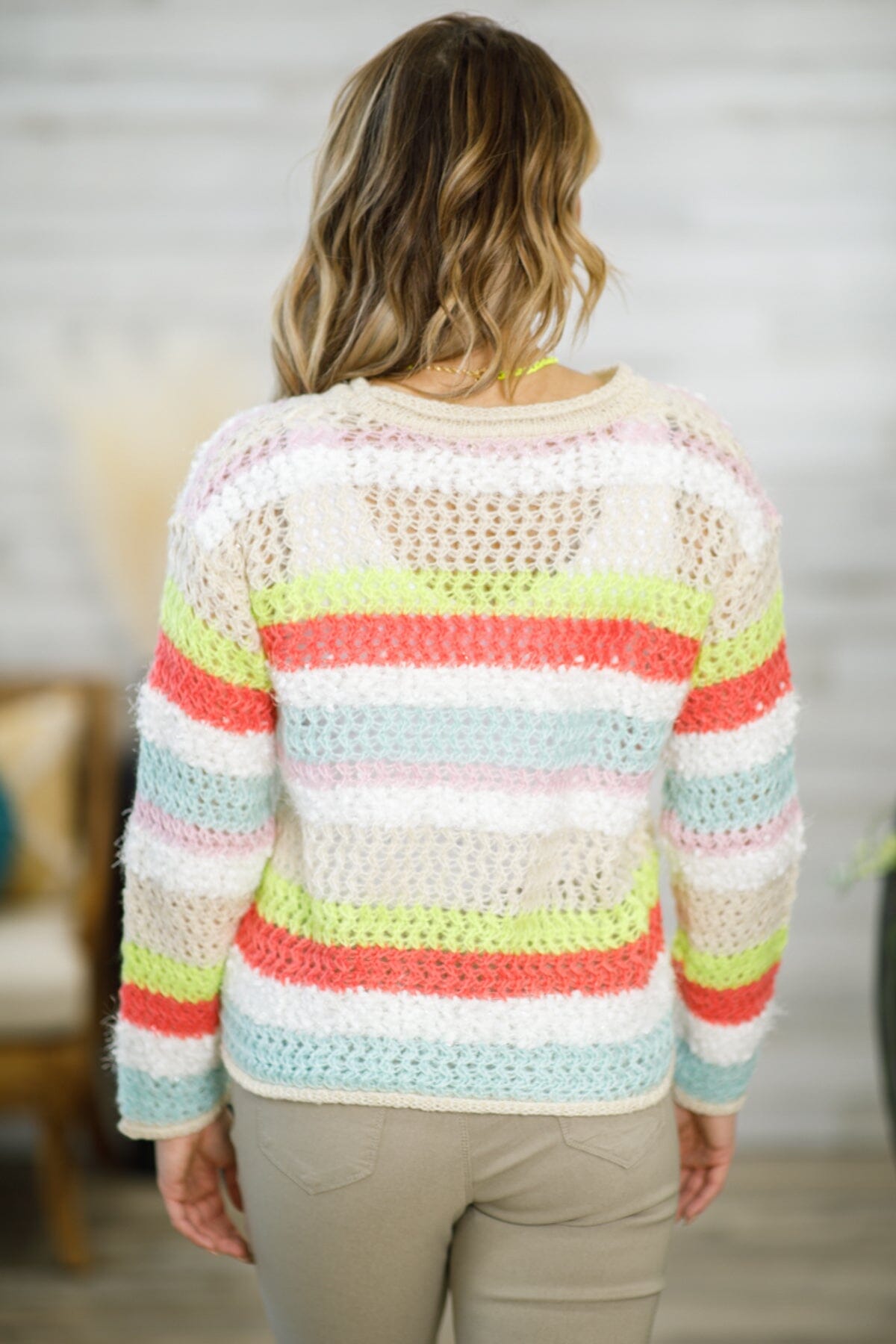 Oatmeal Multicolor Stripe Open Knit Sweater - Filly Flair