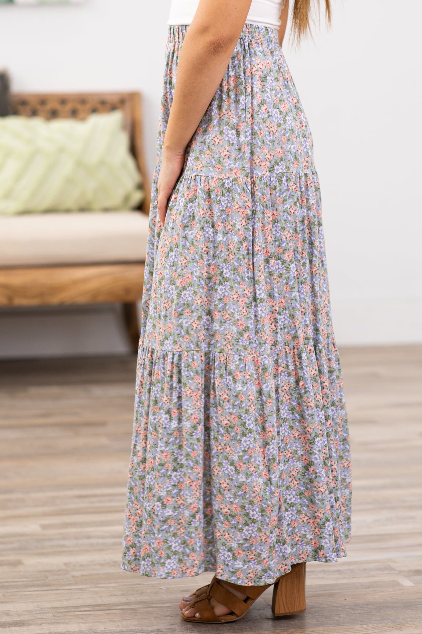 Pastel Blue Ditsy Floral Maxi Skirt - Filly Flair