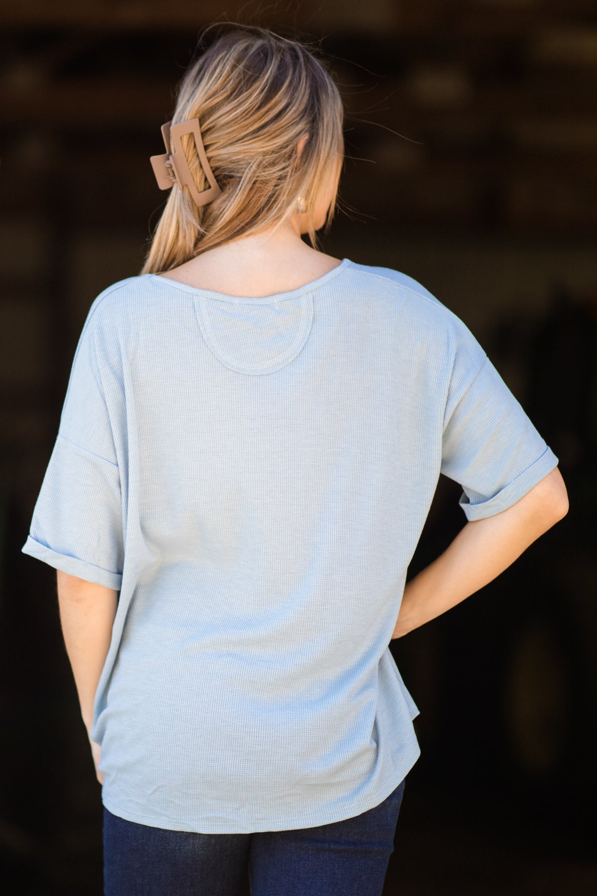 Pastel Blue Drop Shoulder Thermal Knit Top - Filly Flair