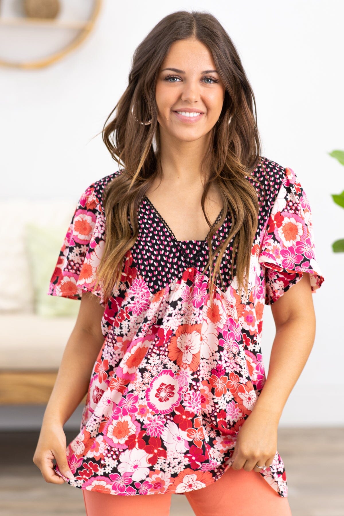 Pink and Coral Floral Print Contrast Trim Top - Filly Flair