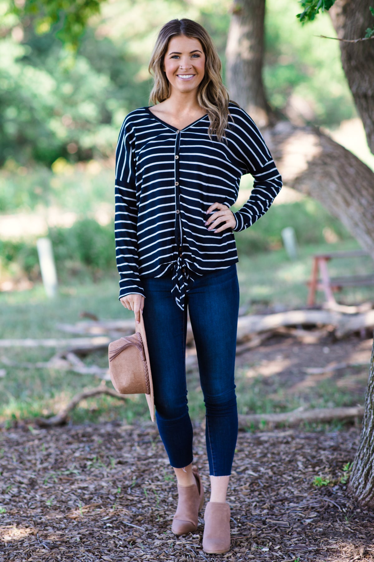 Navy and White Stripe Top With Buttons - Filly Flair