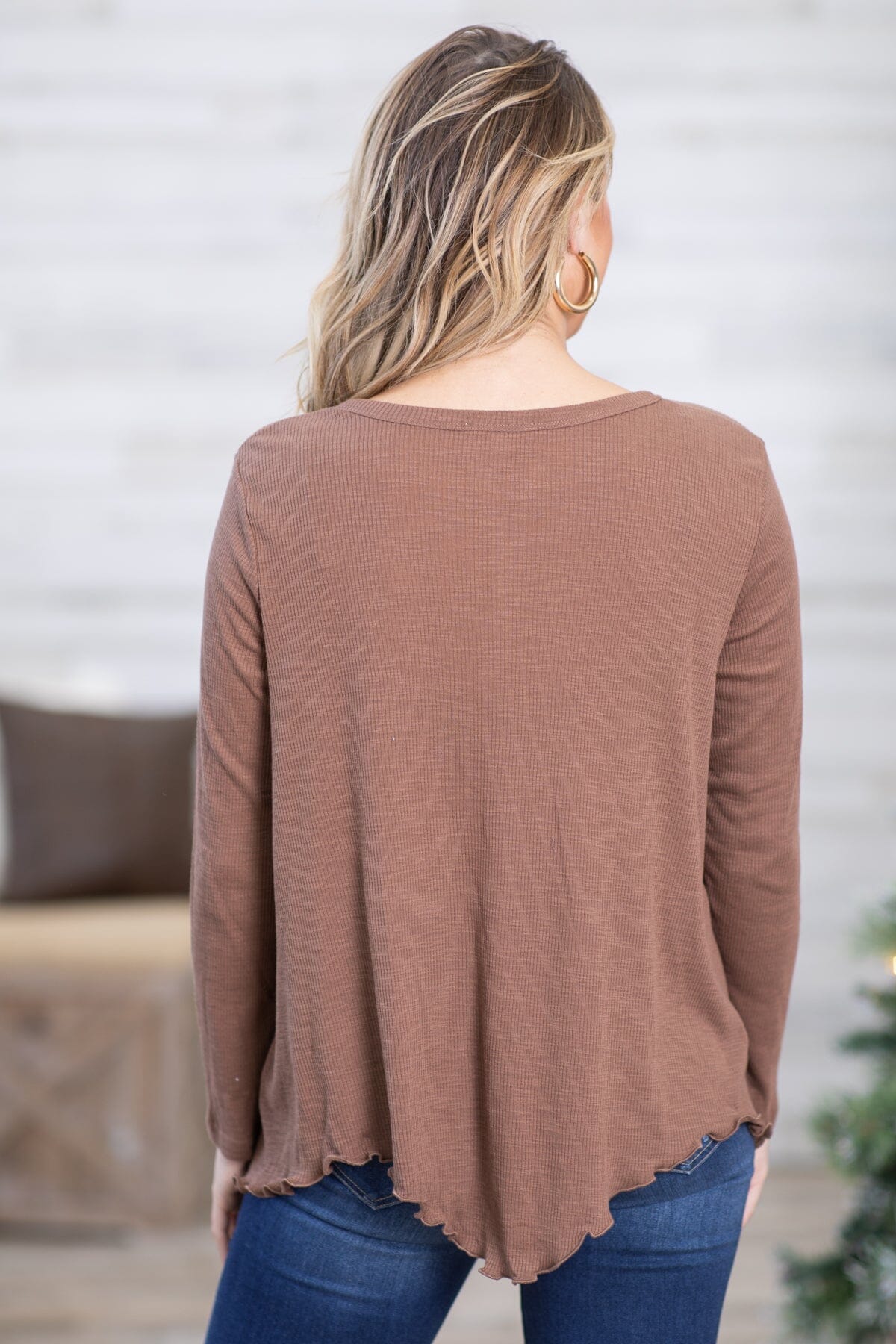 Brown Hanky Hem Top With Button Detail - Filly Flair