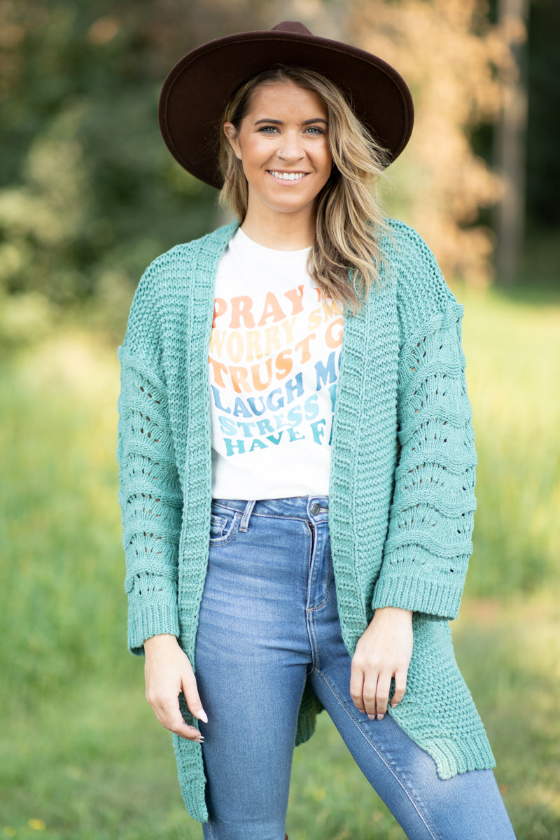Mint Pointelle Sleeve Long Cardigan - Filly Flair