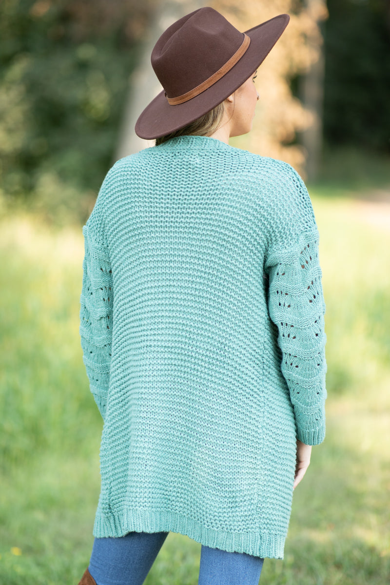 Mint Pointelle Sleeve Long Cardigan - Filly Flair