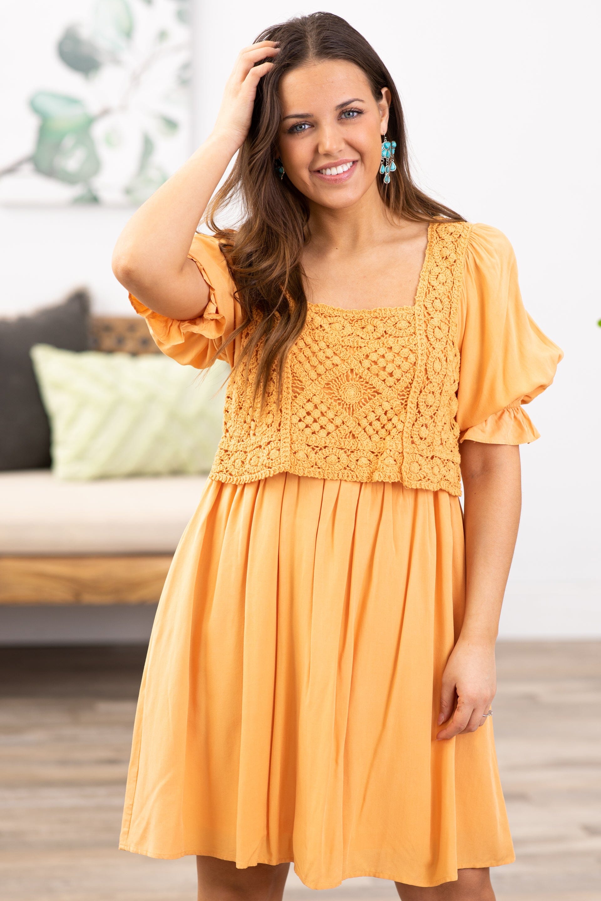 Orange Crochet Bodice Puff Sleeve Dress - Filly Flair