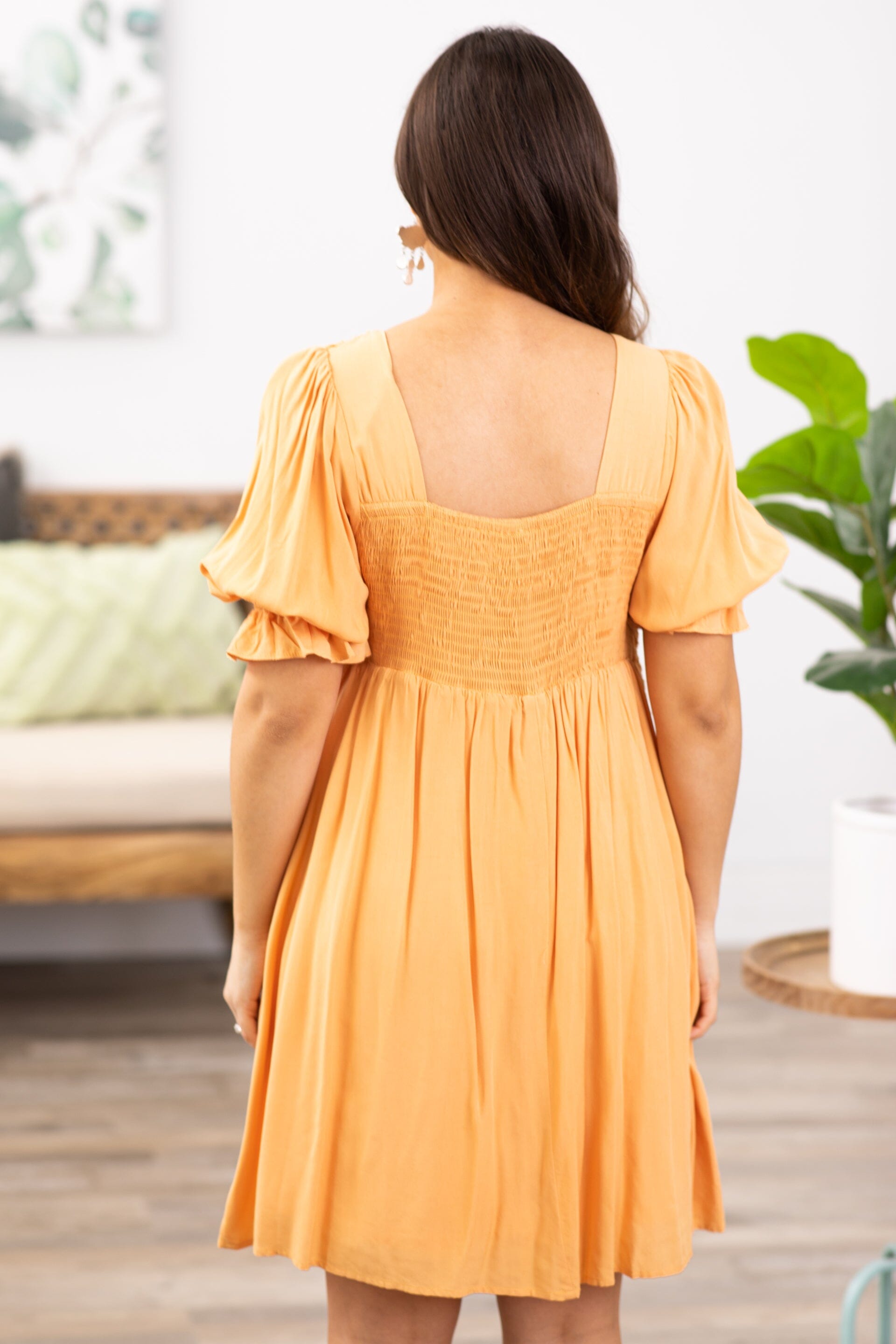 Orange Crochet Bodice Puff Sleeve Dress - Filly Flair