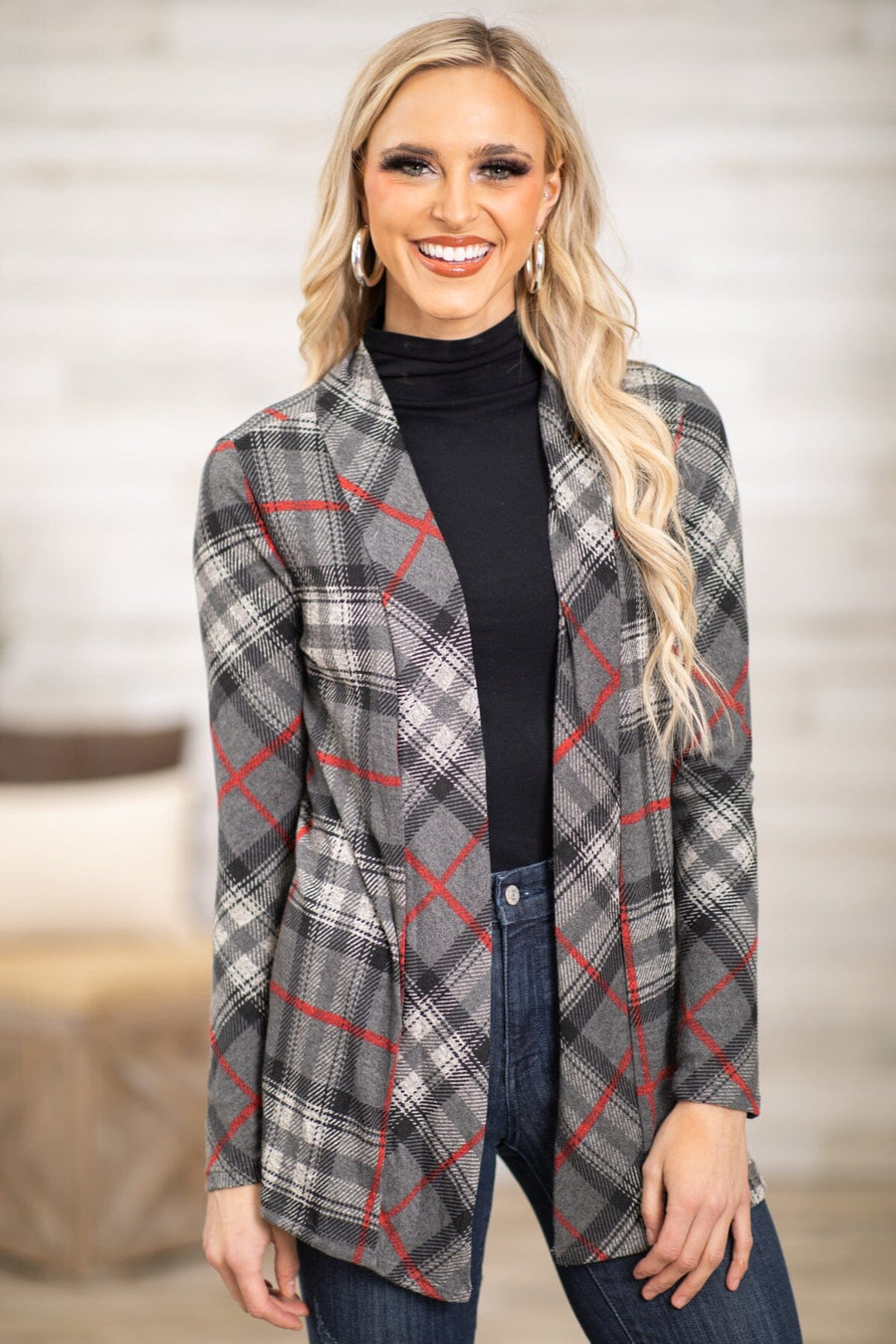 Grey and Red Plaid Cardigan - Filly Flair