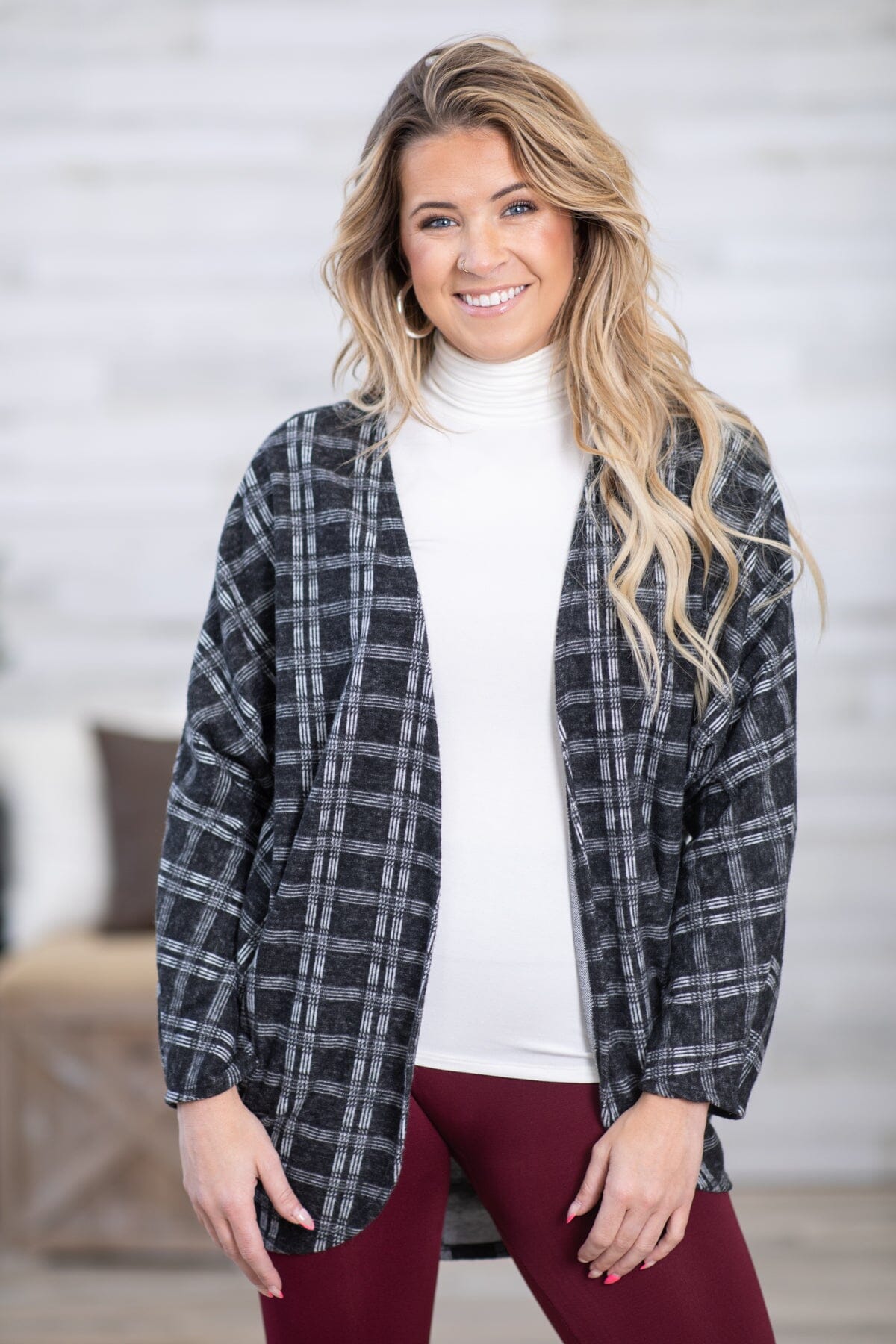 Off White and Black Plaid Cocoon Cardigan - Filly Flair