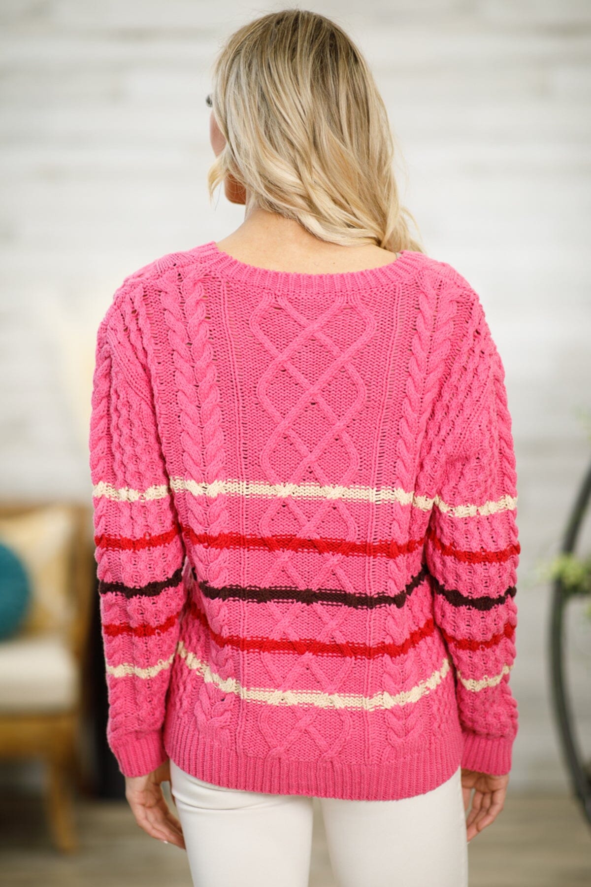 Pink Multicolor Stripe Cable Knit Sweater - Filly Flair