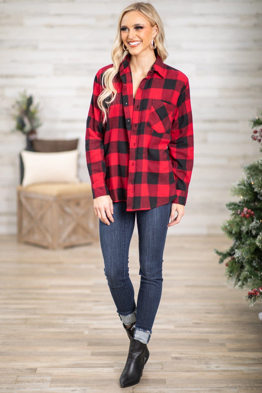 Red and Black Buffalo Plaid Button Up Top - Filly Flair