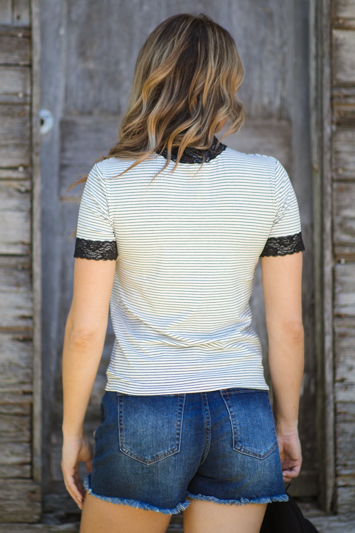 White and Black Stripe Top With Lace Trim - Filly Flair