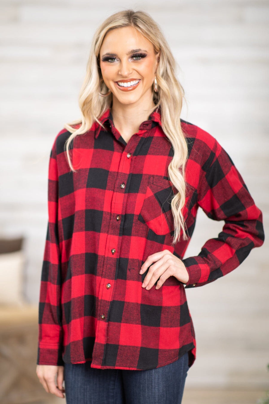 Red and Black Buffalo Plaid Button Up Top - Filly Flair