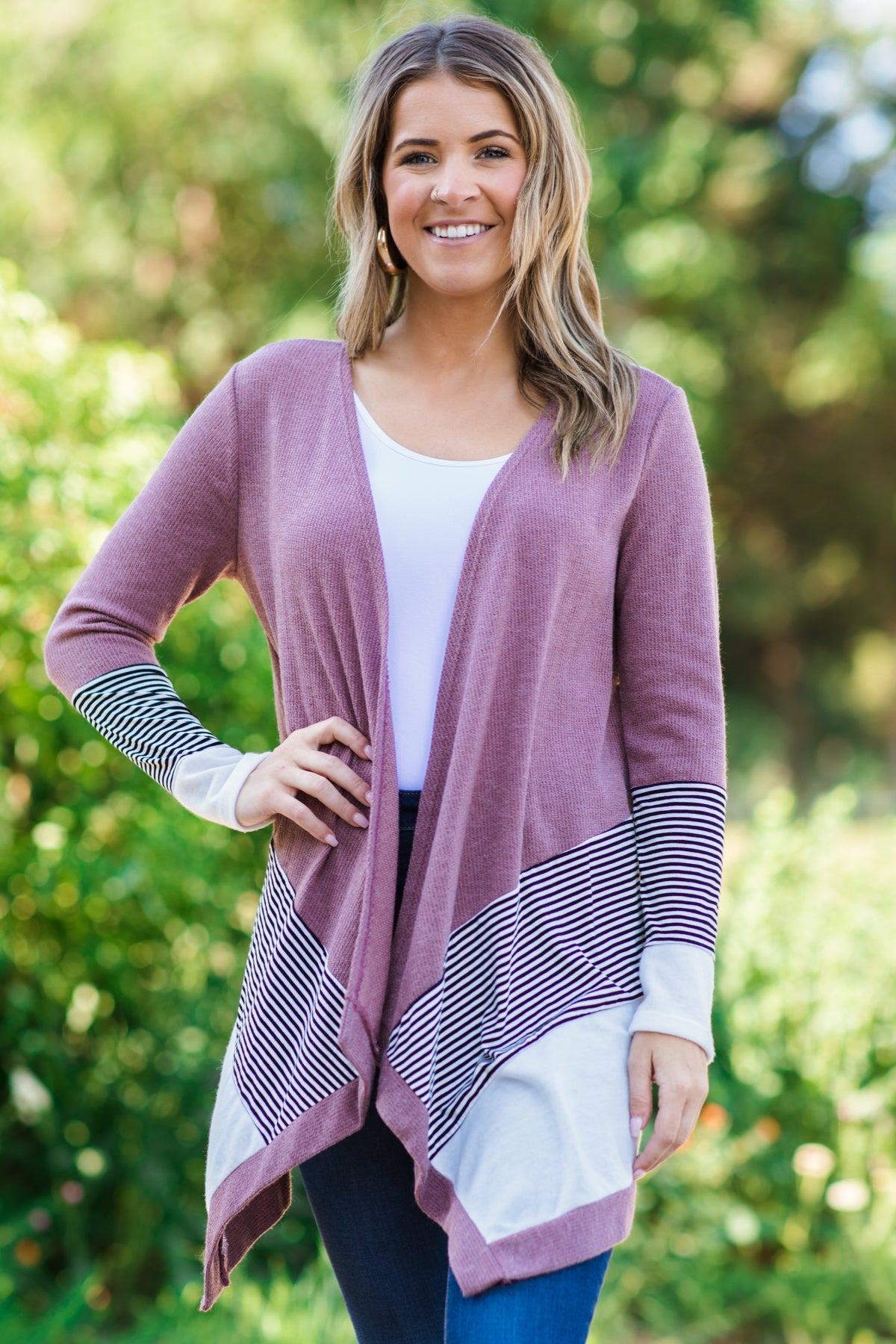 Dusty Rose and White Stripe Detail Cardigan - Filly Flair
