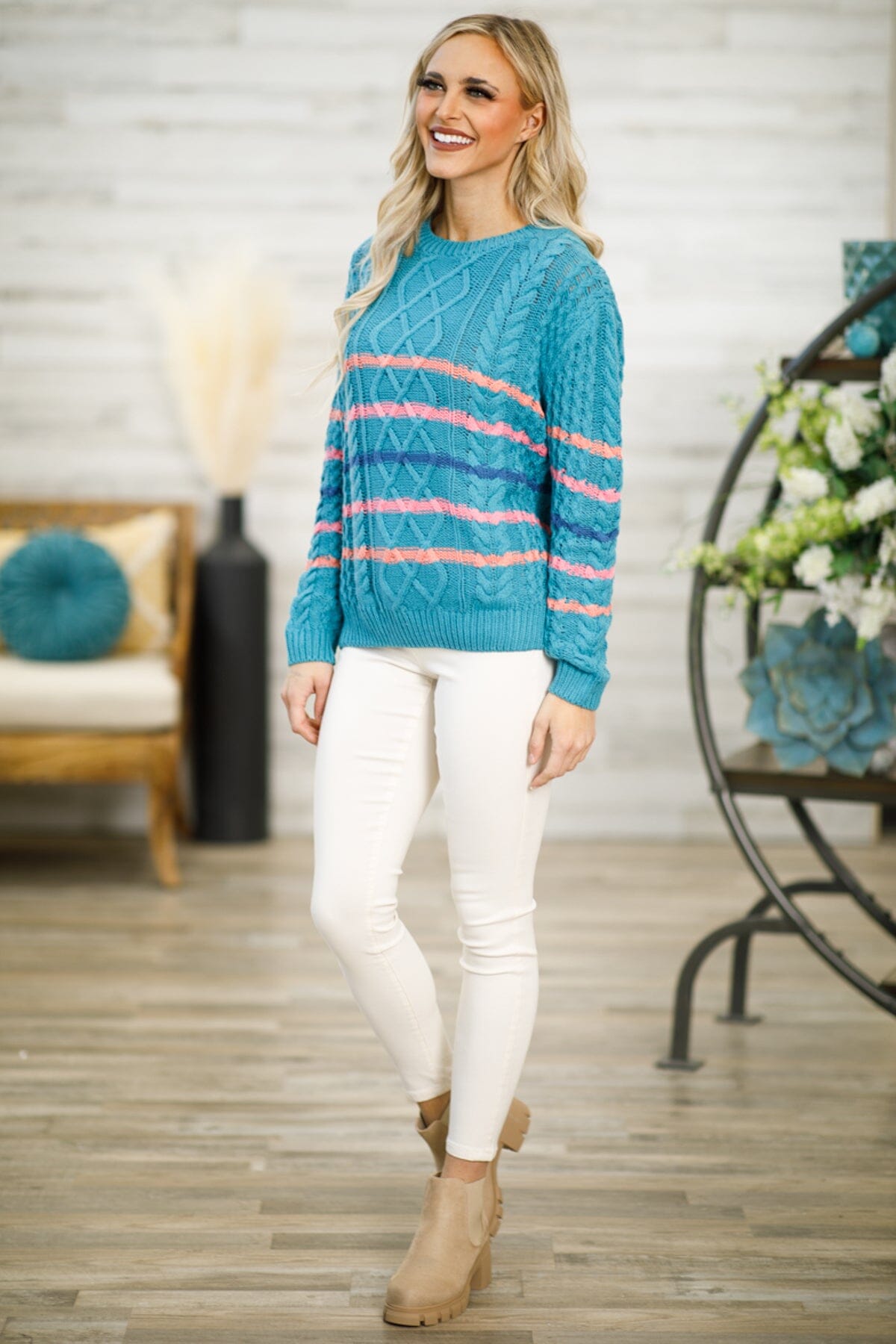 Turquoise Multicolor Stripe Cable Knit Sweater - Filly Flair