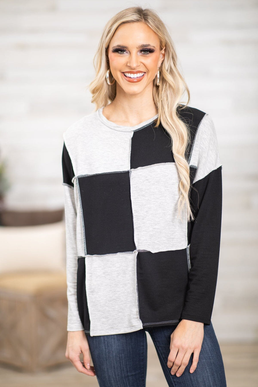 Black and Light Grey Checker Colorblock Top - Filly Flair