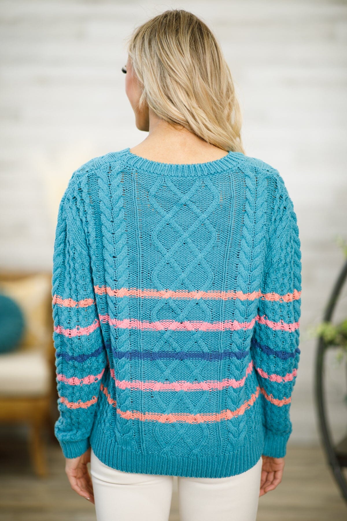 Turquoise Multicolor Stripe Cable Knit Sweater - Filly Flair