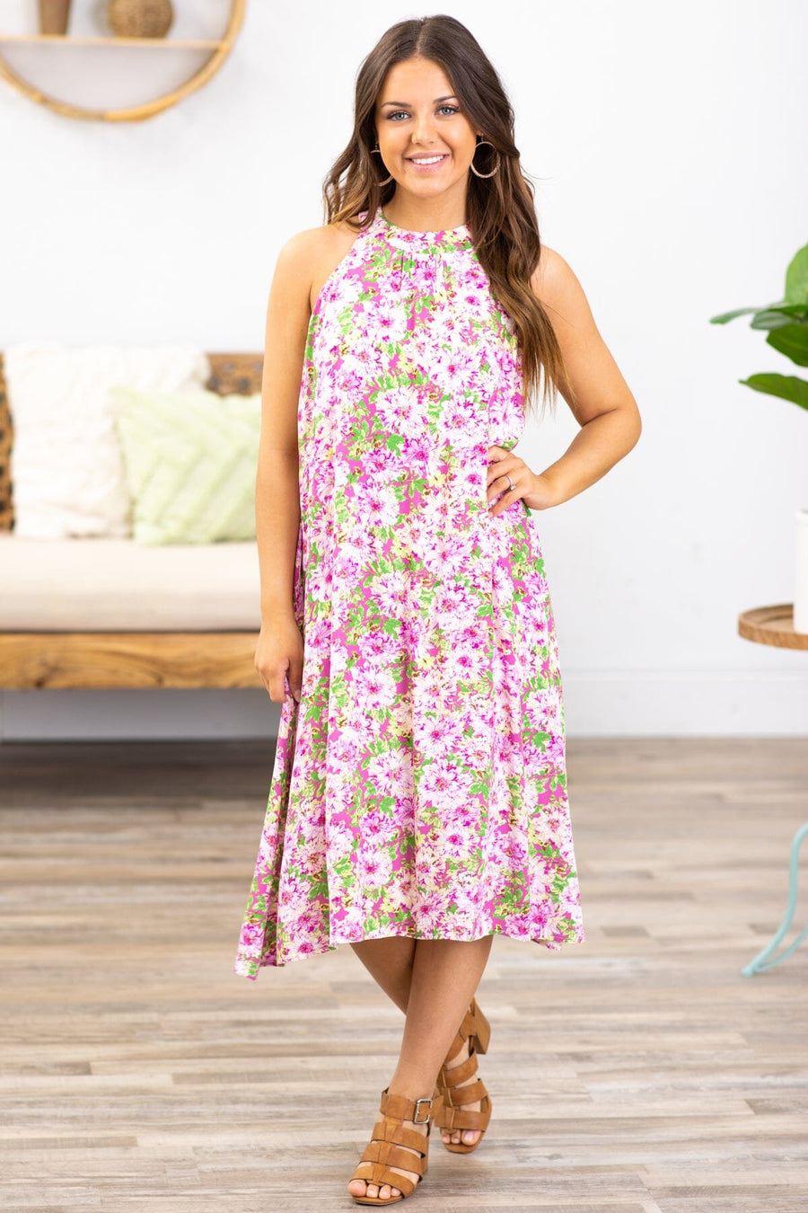 Orchid and Green Floral Halter Neck Dress - Filly Flair