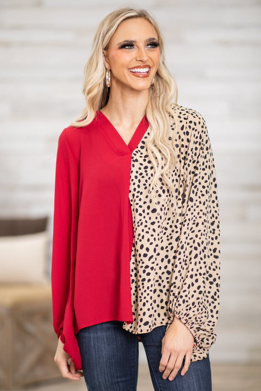 Red and Tan Animal Print Colorblock Top - Filly Flair