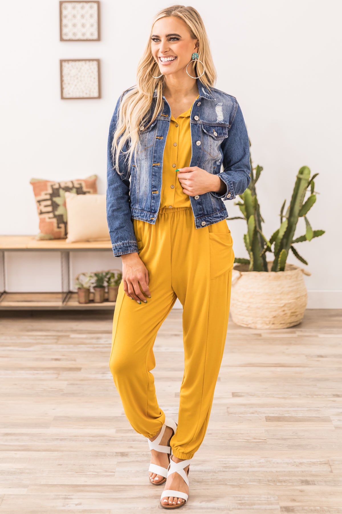 Mustard Short Sleeve Jumpsuit with Pockets - Filly Flair