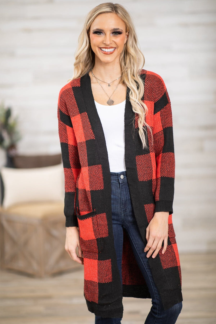 Red and Black Buffalo Plaid Long Cardigan - Filly Flair