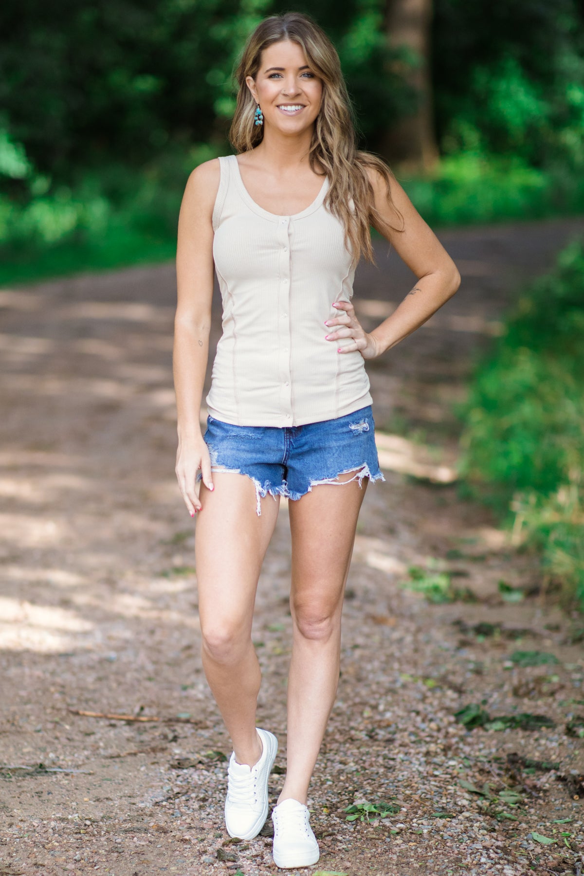 Beige Fitted Tank With Snap Buttons - Filly Flair