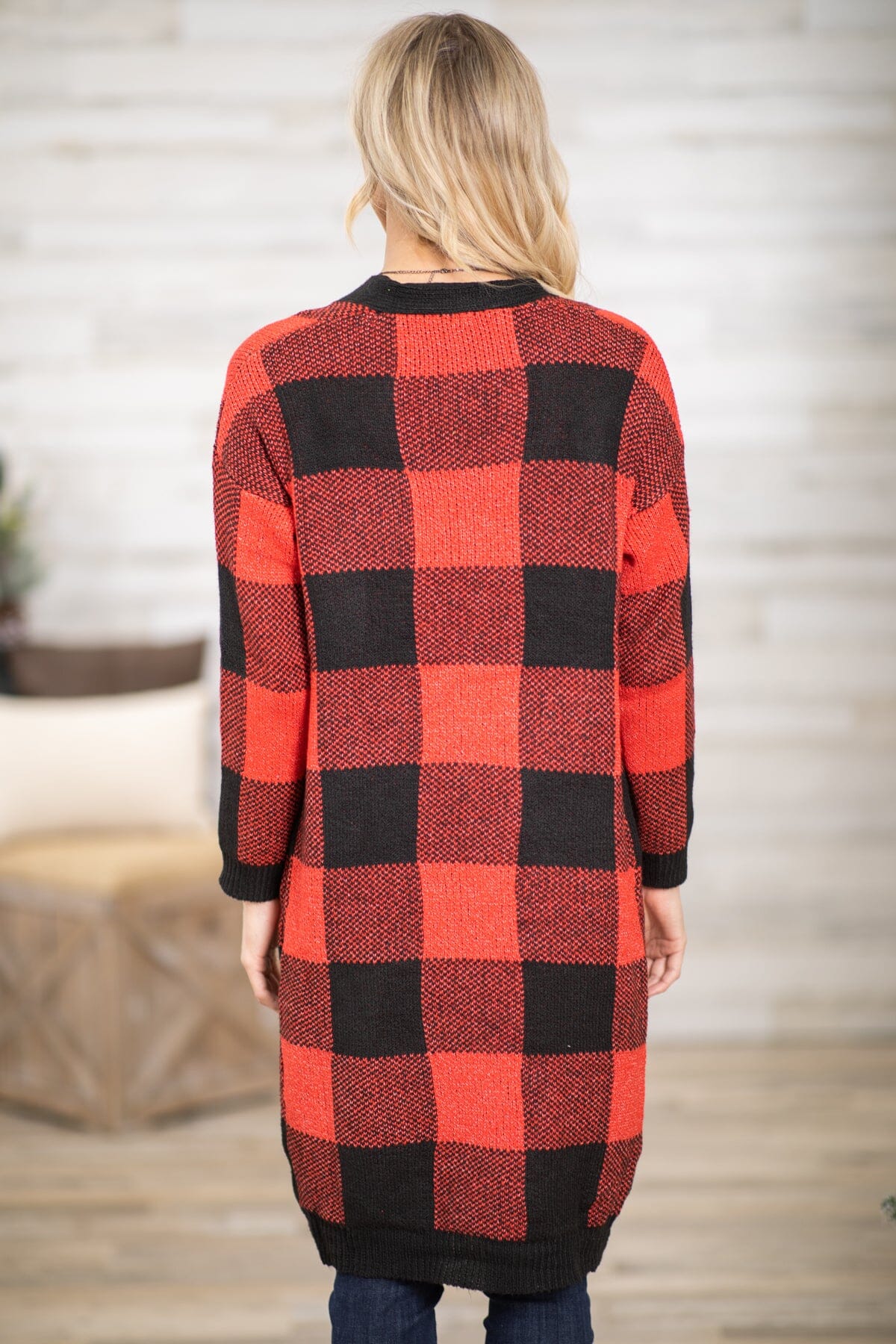 Red and Black Buffalo Plaid Long Cardigan - Filly Flair
