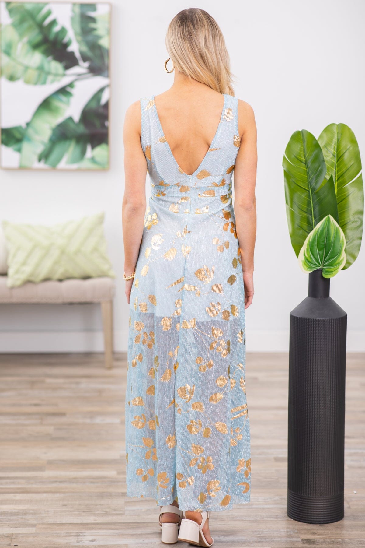 Baby Blue and Gold Foil Detail Maxi Dress - Filly Flair
