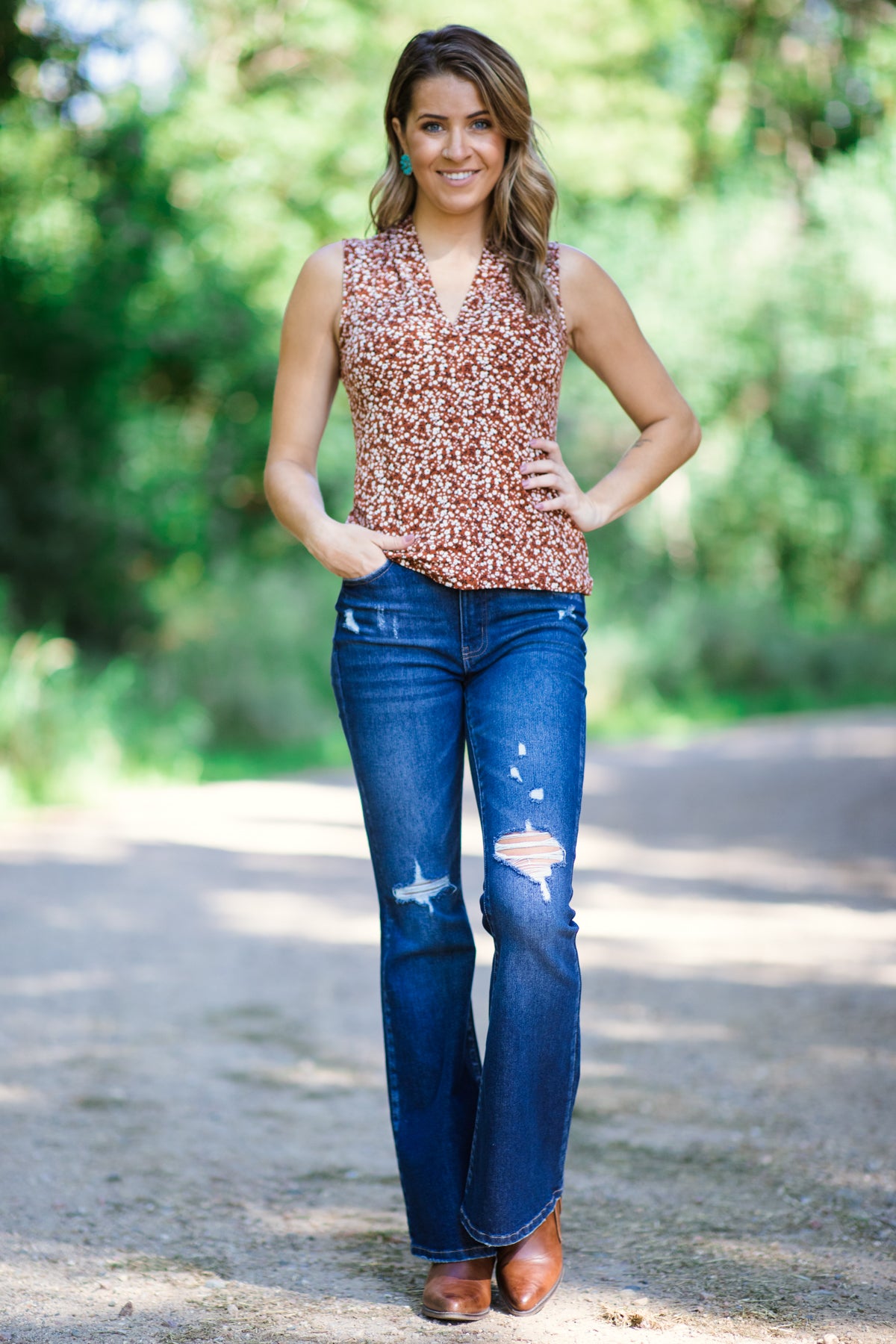 Rust Floral Print V-Neck Tank - Filly Flair