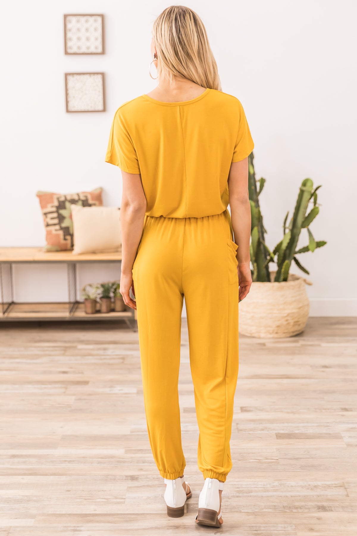 Mustard Short Sleeve Jumpsuit with Pockets - Filly Flair