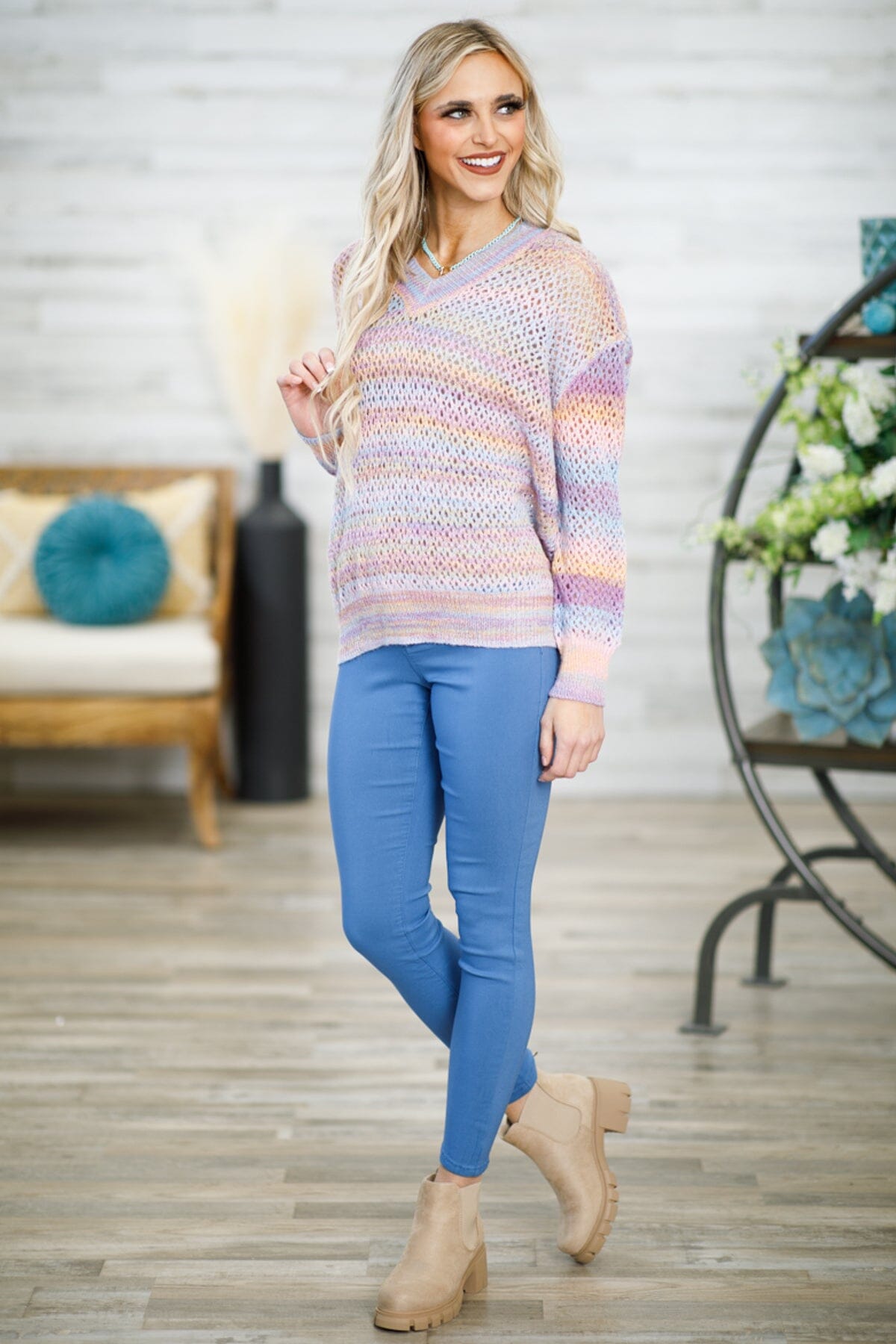 Lavender and Orange Ombre V-Neck Sweater - Filly Flair