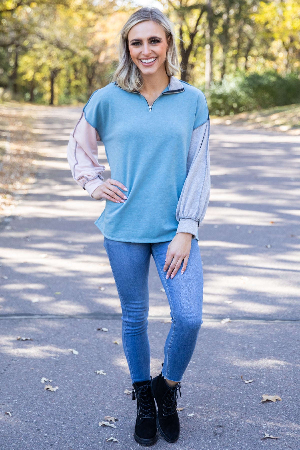 Dusty Blue Colorblock 1/4 Zip Top - Filly Flair