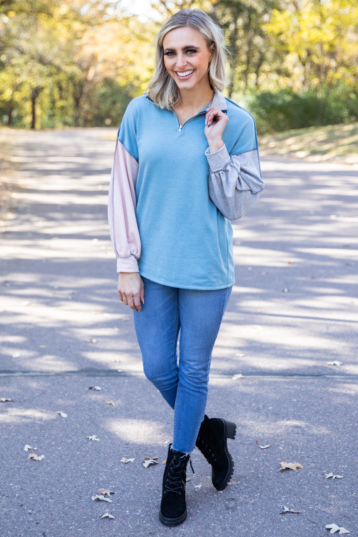 Dusty Blue Colorblock 1/4 Zip Top - Filly Flair