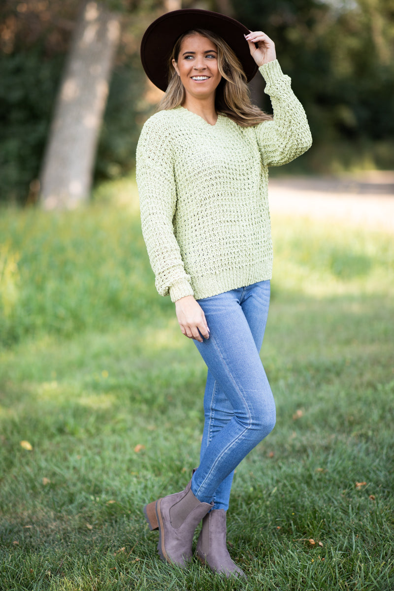 Neon Green Fisher Net V-Neck Sweater - Filly Flair