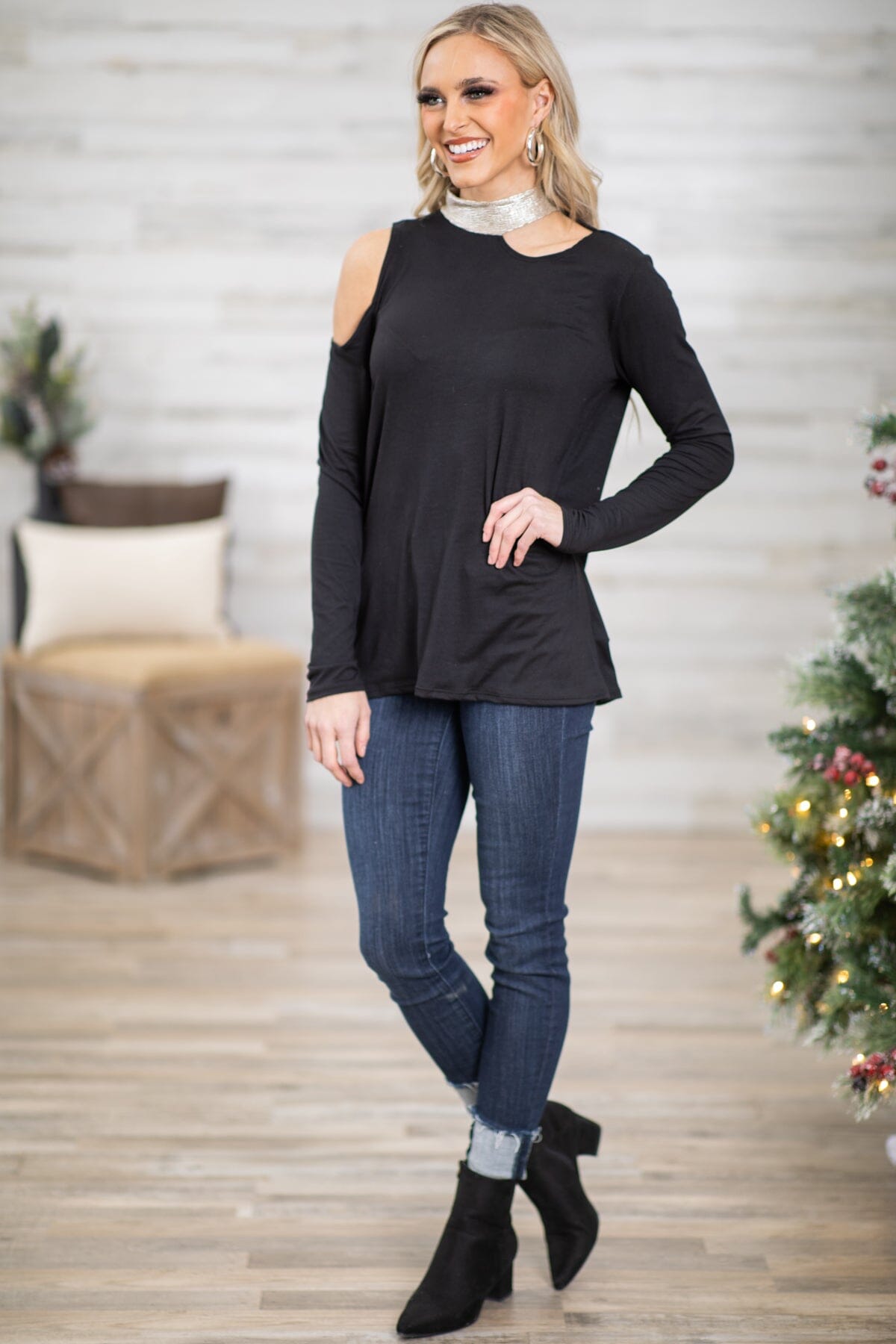 Black and Silver Mock Neck Top With Cutouts - Filly Flair