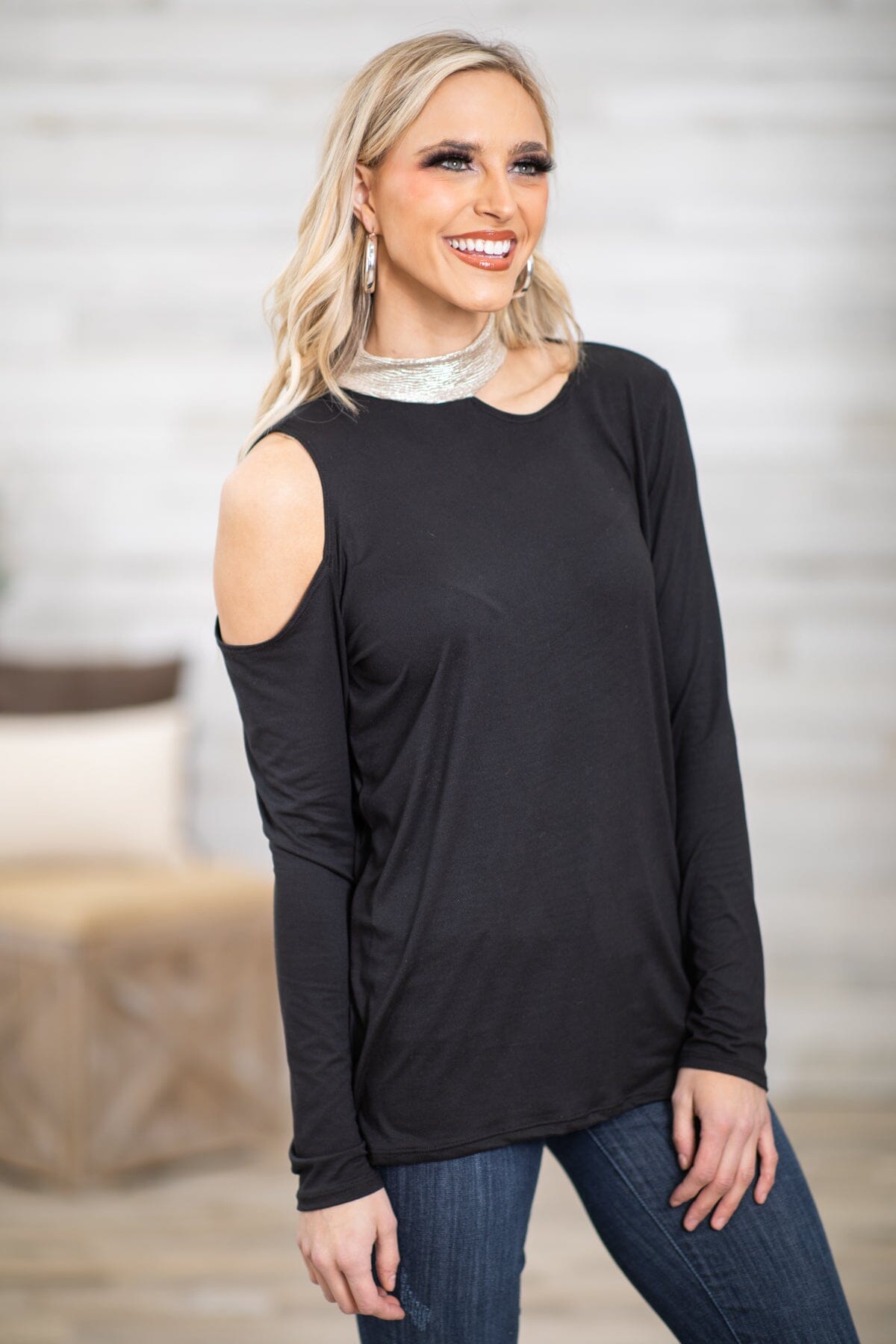 Black and Silver Mock Neck Top With Cutouts - Filly Flair