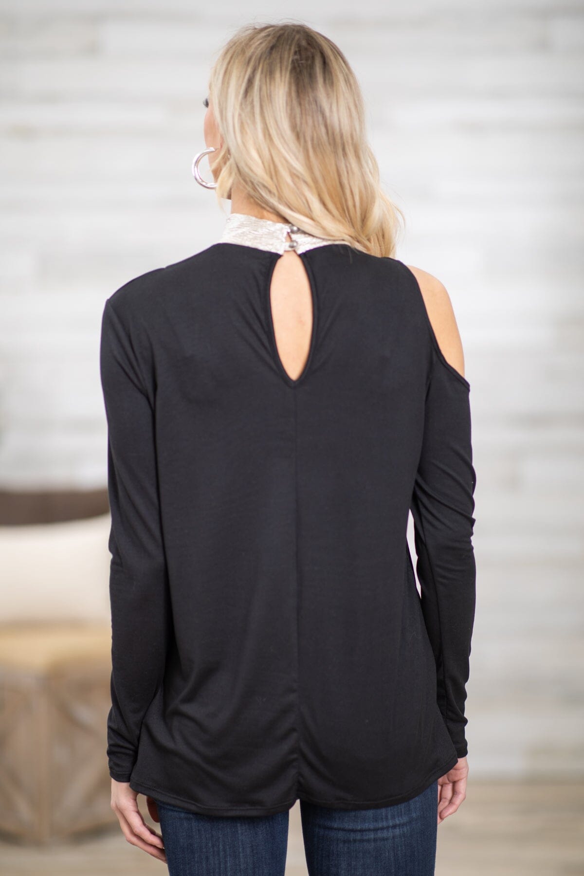 Black and Silver Mock Neck Top With Cutouts · Filly Flair