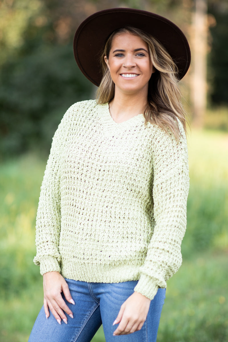 Neon Green Fisher Net V-Neck Sweater - Filly Flair