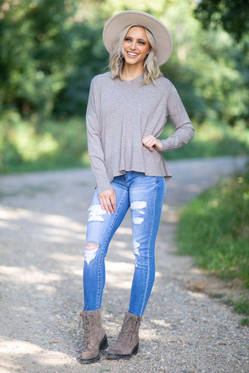 Mocha Hooded V-Neck Sweater - Filly Flair