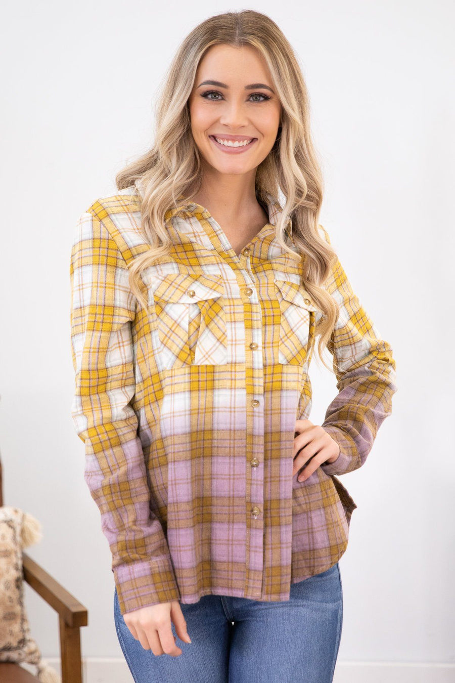 Mustard Ombre Plaid Button Up Top - Filly Flair