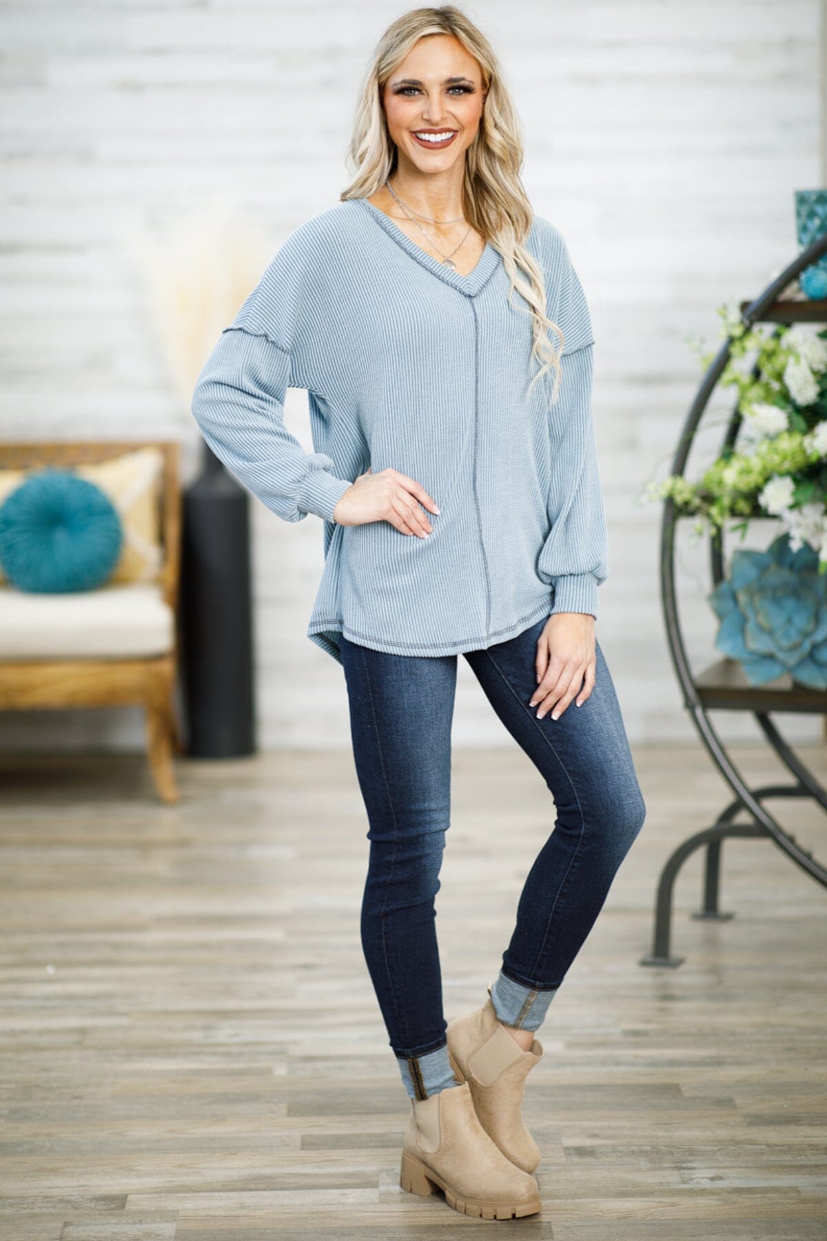 Dusty Blue V-Neck Rib Knit Drop Shoulder Top - Filly Flair