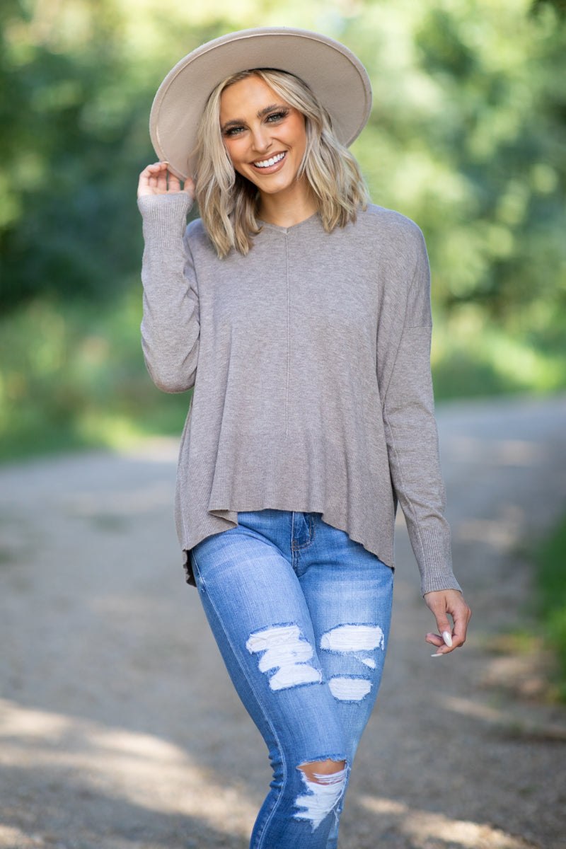 Mocha Hooded V-Neck Sweater - Filly Flair