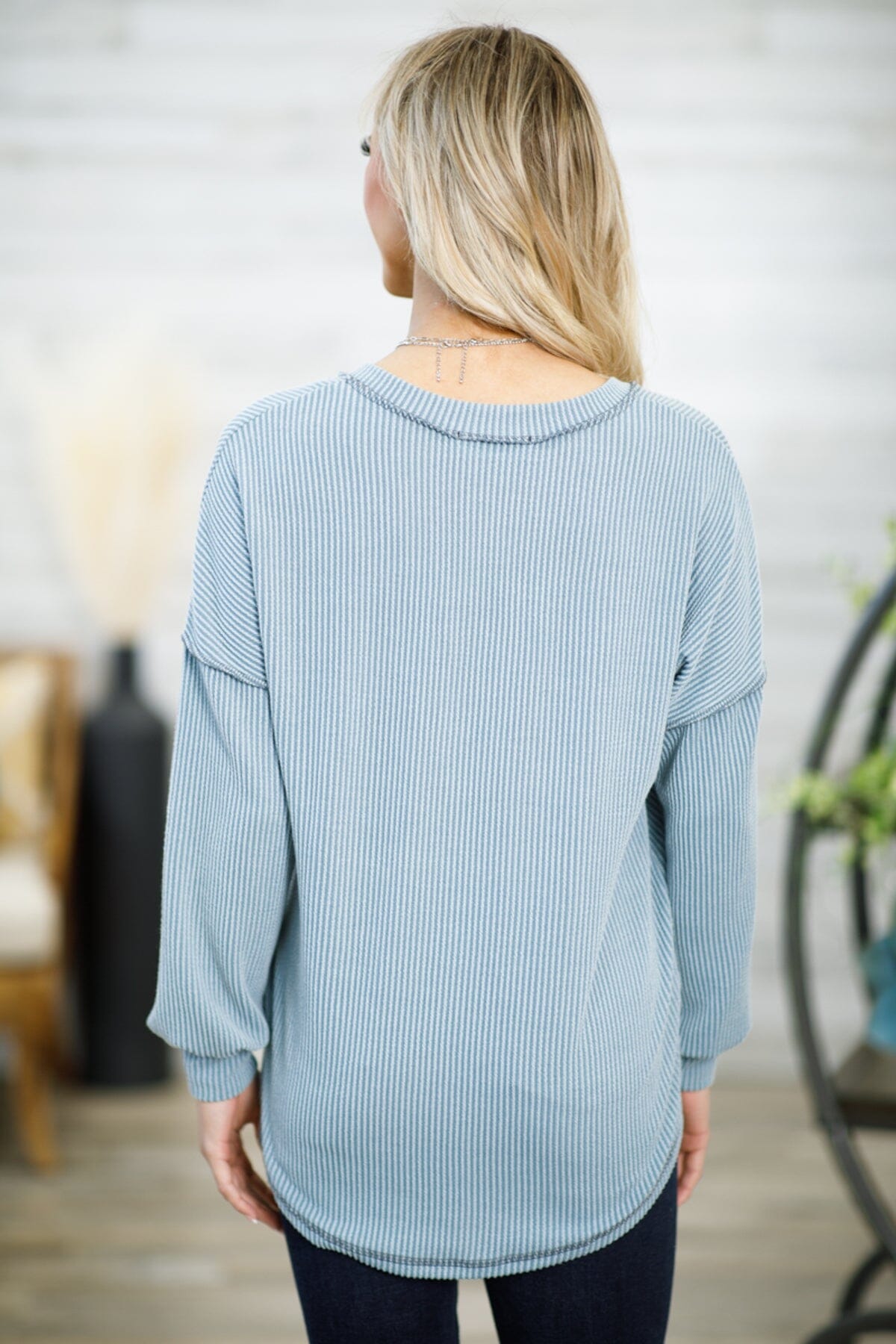 Dusty Blue V-Neck Rib Knit Drop Shoulder Top - Filly Flair