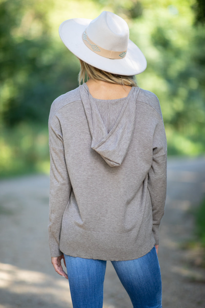 Mocha Hooded V-Neck Sweater - Filly Flair