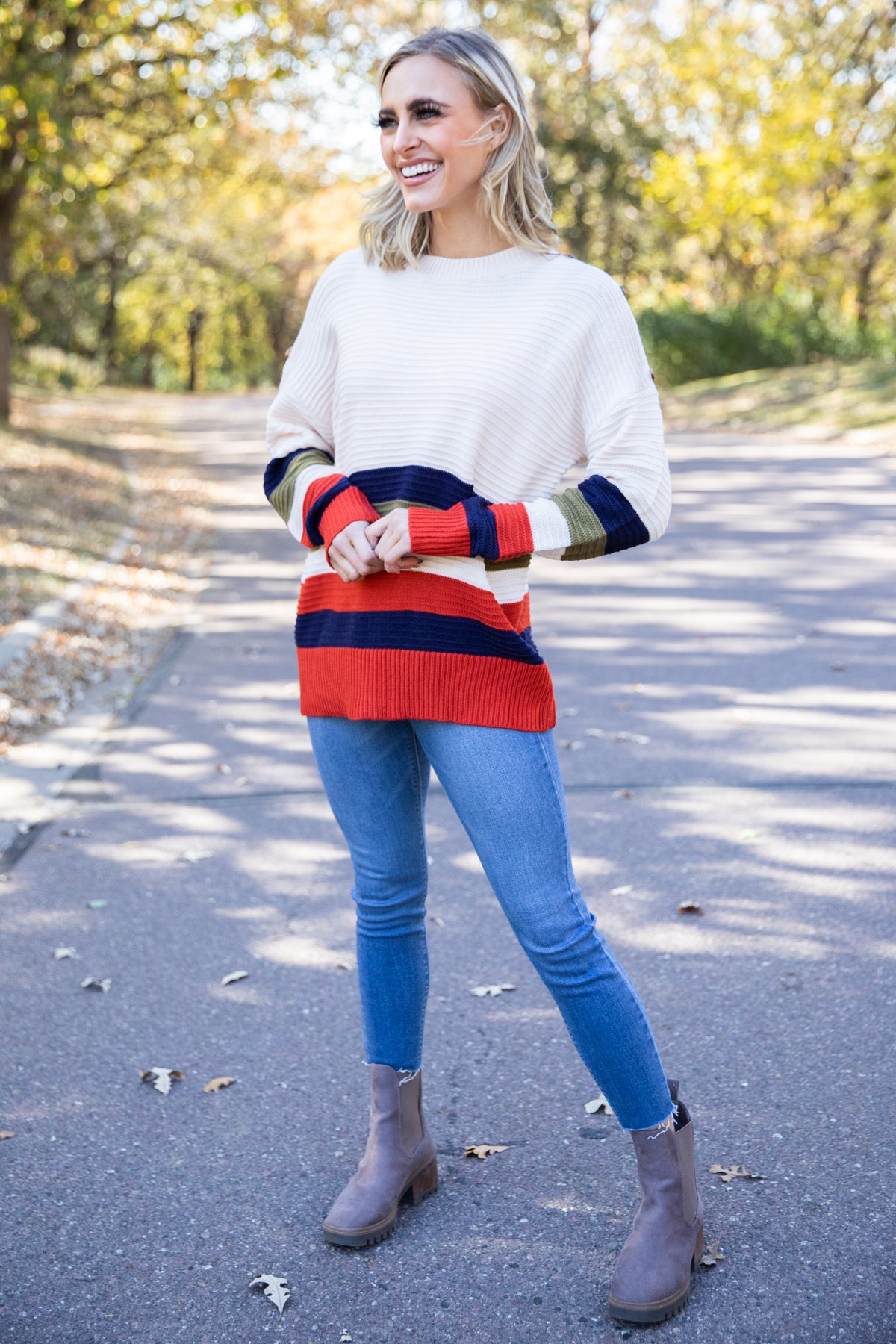 Navy and Orange Colorblock Stripe Sweater - Filly Flair