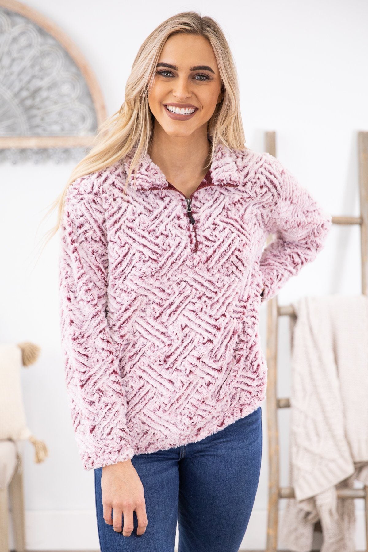 Pink and Maroon Textured Sherpa Pullover - Filly Flair
