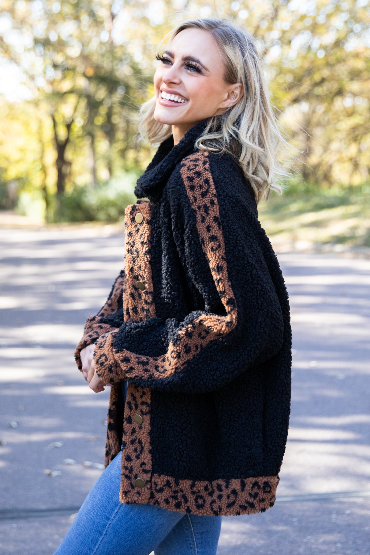 Black Sherpa Jacket With Animal Print Trim - Filly Flair