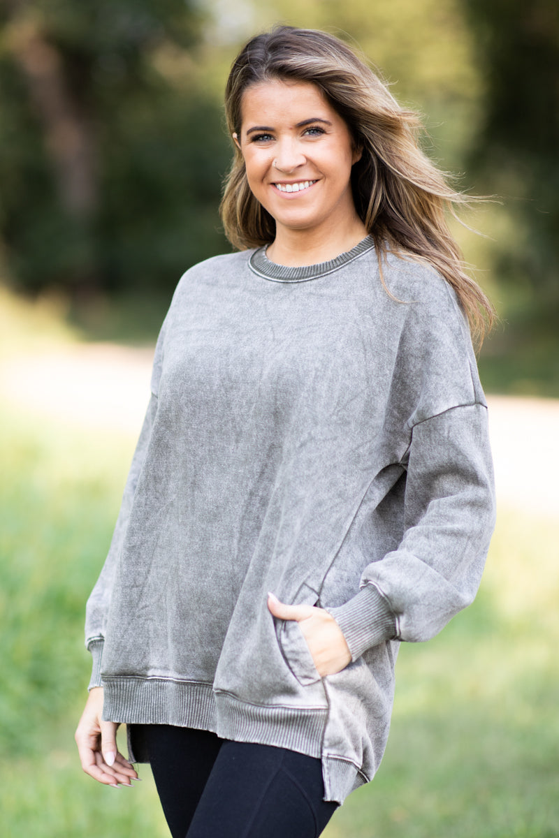 Olive Pigment Dyed Step Hem Sweatshirt - Filly Flair