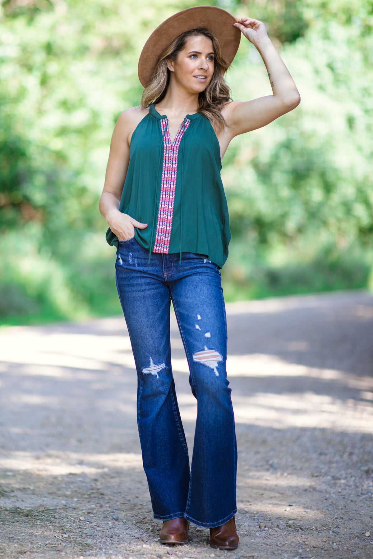 Emerald Green Tank With Embroidery Detail - Filly Flair
