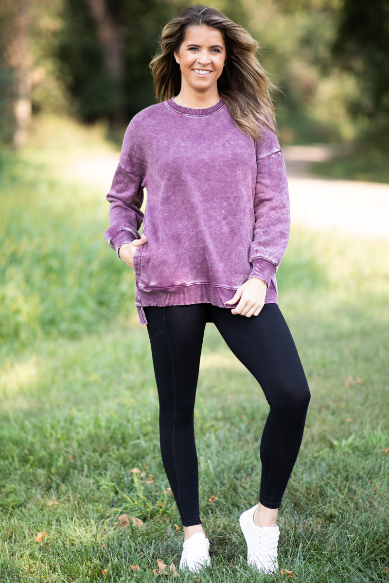 Berry Pigment Dyed Step Hem Sweatshirt - Filly Flair